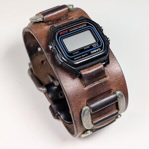 Casio Digital Watch w/ Steampunk Leather Straps Vintage Casio Digital Cuff Watch
